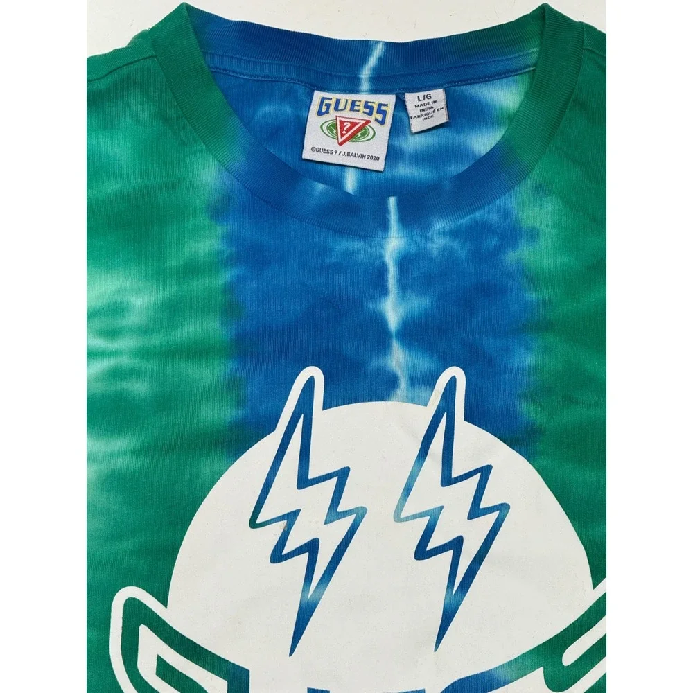Guess Mens Tie Dye Lightning Bolt Logo‎ T Shirt Large Blue Red Green - Picture 3 of 4